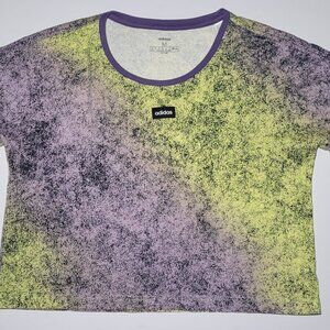 Adidas Womens Yellow Purple Black Moment Cropped Athletic T Shirt Size Medium
